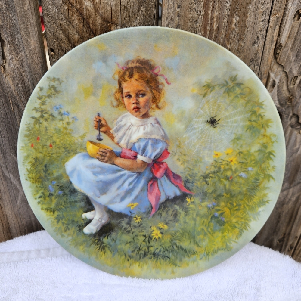 Little Miss Muffet Style Art Plate with Pink and Blue
